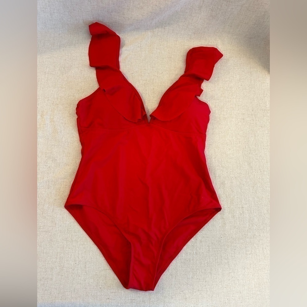 Red One Piece Swimsuit Ruffled Deep V - Picture 4 of 8